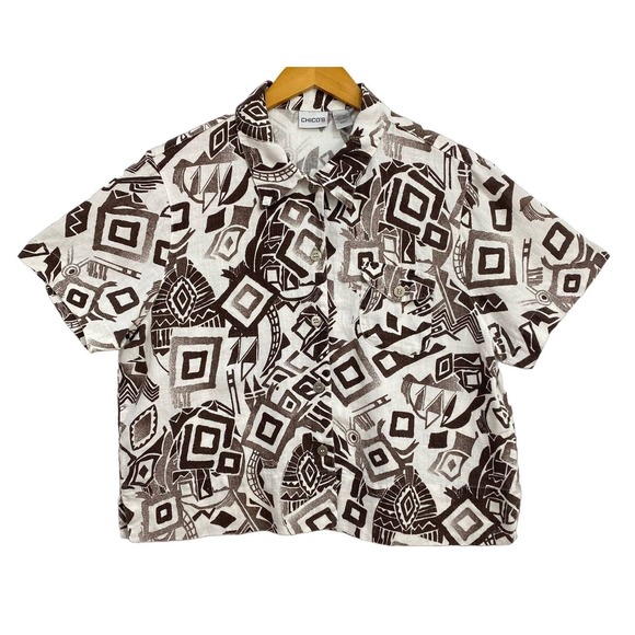 Chico's Tops - Chicos Shirt Large 2 Brown Linen Geometric Camp Top Gauze Safari Vacation Resort